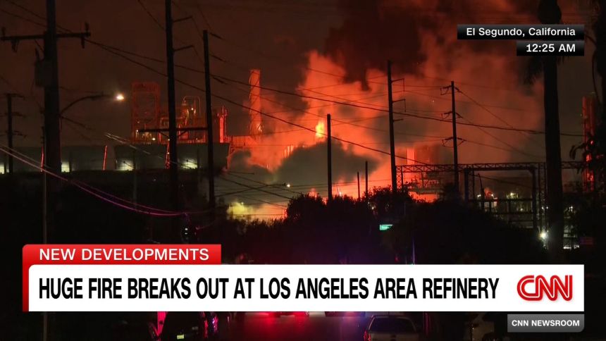 <p>A large fire has broken out at a Chevron refinery south of Los Angeles. CNN's Kim Brunhuber gives the latest report. </p>