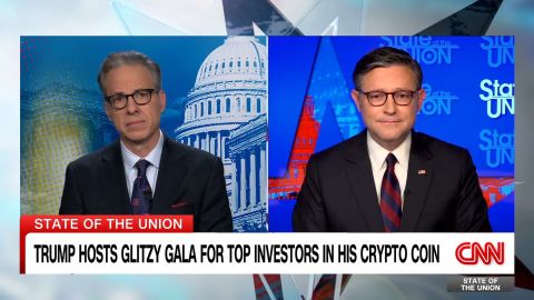 <p>Republican House Speaker Mike Johnson defends President Trump's glitzy dinner for top investors in his personal cryptocurrency, stating the President isn't trying "to hide anything."</p>