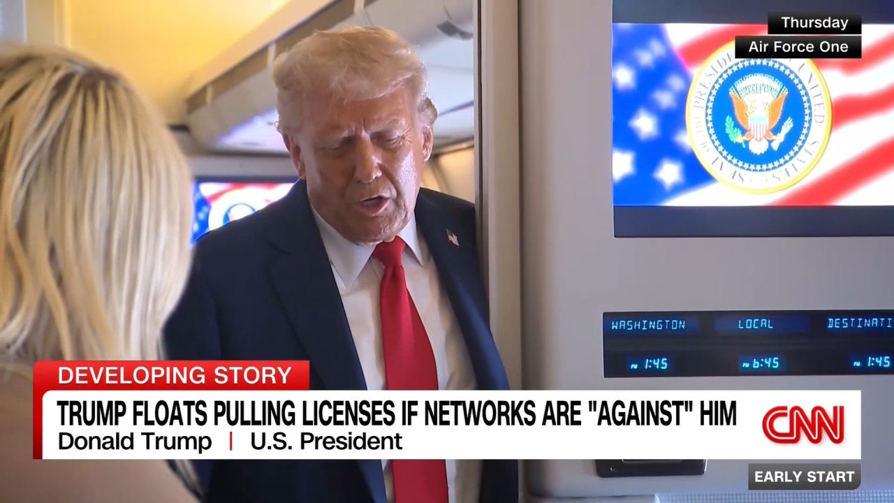 <p>President Donald Trump said Thursday he thinks networks’ broadcast licenses could be revoked if they air overwhelmingly negative perspectives on him. CNN’s Kristen Holmes reports. </p>