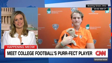 <p>Bowling Green State University long snapper George Carlson brought his Persian cat the locker room to cheer up a teammate with an injury. Now, that cat is America's newest obsession. CNN's Pamela Brown talks to Carlson about how his feline companion became a campus and internet sensation.</p>