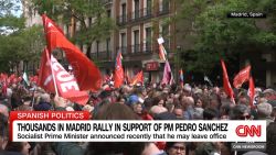 <p>Supporters of Spanish Prime Minister Pedro Sánchez rallied in the streets of Madrid Saturday in an effort to persuade him not to resign. The PM is expected to announce on Monday whether or not he will continue in his role. CNN's Pau Mosquera reports.</p>