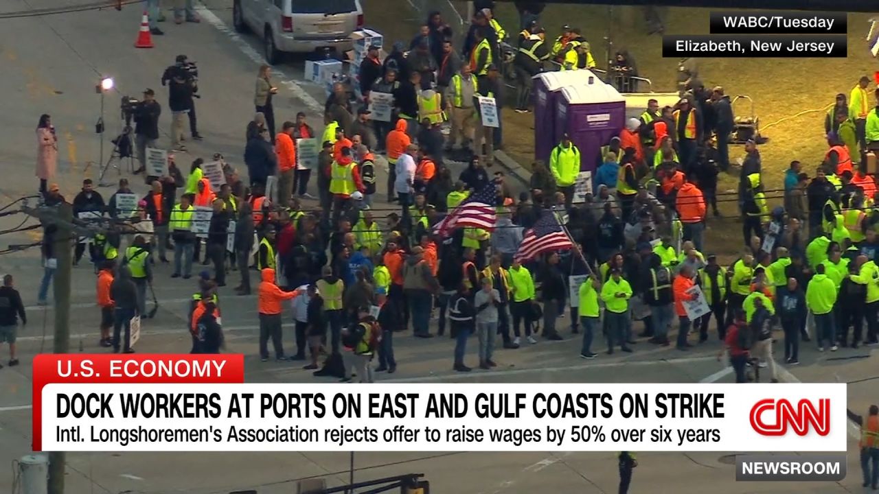 <p>Nearly 50,000 members of the International Longshoremen’s Association are on strike in what could become America’s most disruptive work stoppage in decades. CNN Vanessa Yurkevich reports from Elizabeth, New Jersey. </p>