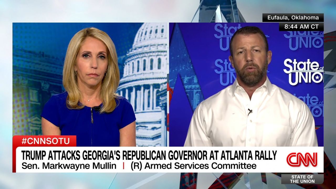 <p>CNN’s Dana Bash presses Republican Sen. Markwayne Mullin over Trump’s attacks on Georgia GOP Gov. Brian Kemp and his family.</p>