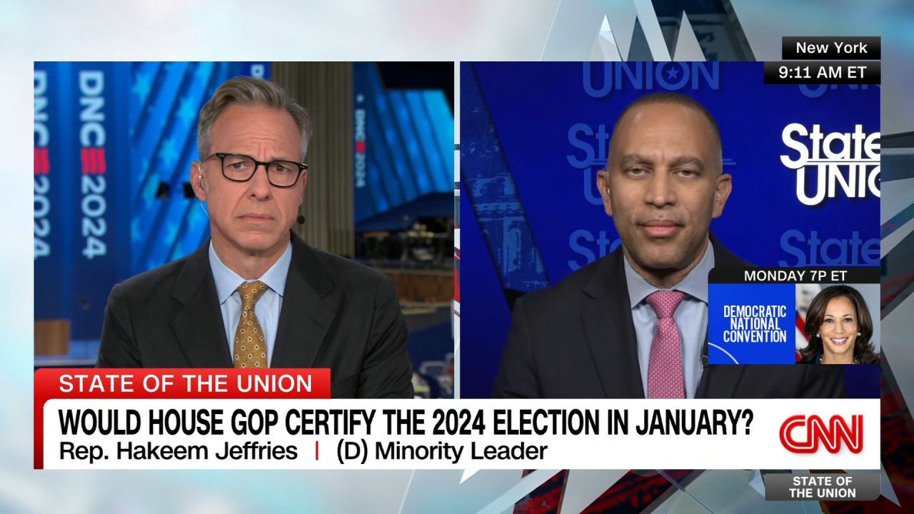 <p>House Democratic Leader Rep. Hakeem Jeffries tells CNN's Jake Tapper that?House Democrats will do "everything that we need to do" to win back the House so that the American people don't need to encounter the question of whether?House Republicans?will certify the 2024 election.</p>