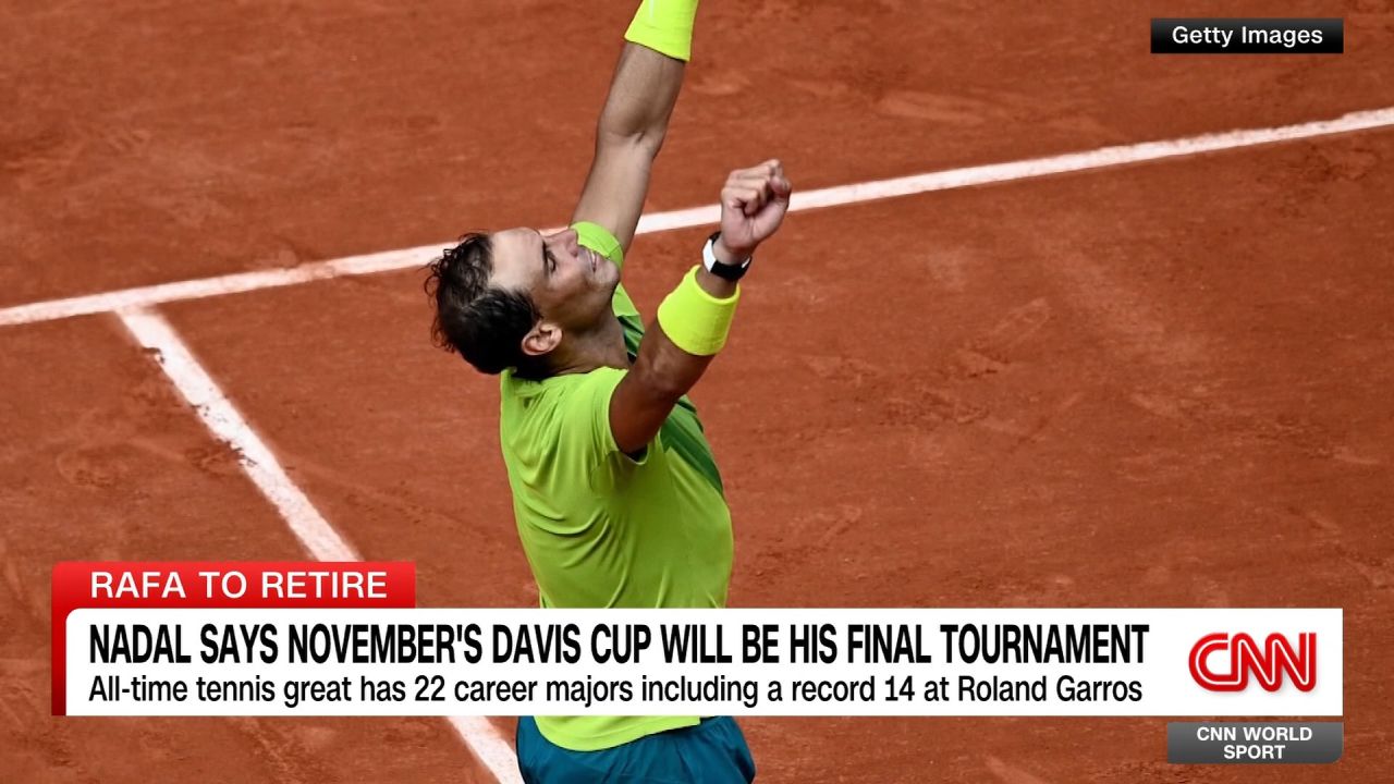 <p>It's the end of an era for tennis fans world-wide with Spanish great Rafael Nadal announcing his upcoming retirement from the sport. The 38-year-old from Majorca whose 14 French Open crowns earned him the nickname of "the King of Clay" announced November's Davis Cup will be his final professional tournament. CNN takes a look back at his legendary two decades at the pinnacle of the sport.</p>