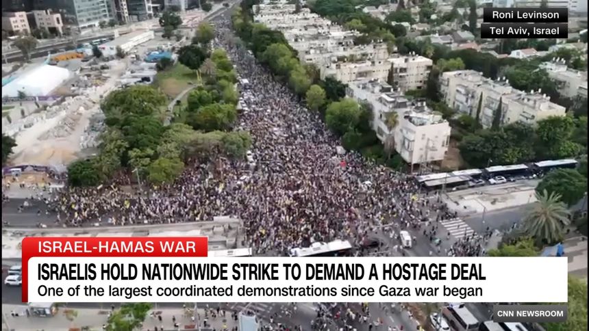 <p>A planned nationwide strike in Israel on Sunday saw hundreds of thousands take part to call on the government to bring the remaining hostages in Gaza home. CNN's Oren Liebermann reports from Tel Aviv.</p>