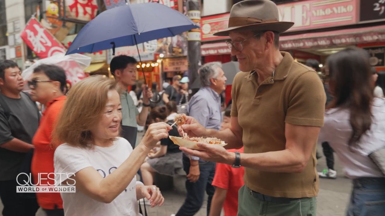 <p>There’s a saying in Osaka that roughly translates to “eat until you go bankrupt.” CNN’s Richard Quest takes on the challenge as he explores the popular district of Dotonbori, home to the iconic giant crab and Glico Man billboards.</p>