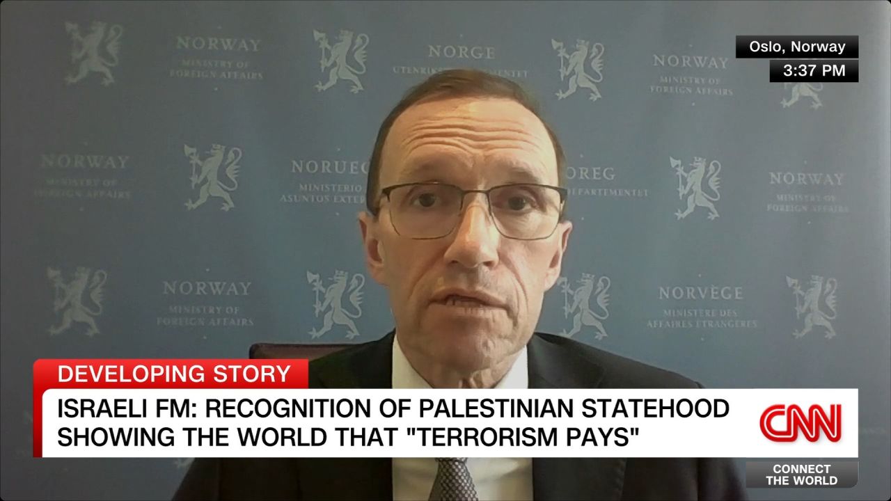 <p>Norwegian Foreign Minister Espen Barth Eide tells CNN’s Becky Anderson why his country, Spain and Ireland are formally recognizing a Palestinian state now, and why the move supports more moderate forces seeking Middle East peace.</p>