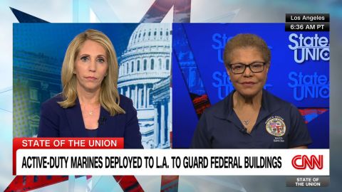 <p>Los Angeles Mayor Karen Bass joins CNN’s Dana Bash to discuss the massive "No Kings" protests in her city, as well as L.A.'s standoff with President Trump over immigration.</p>